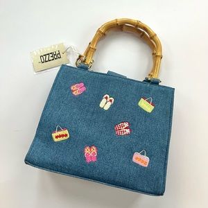 NWT Prezzo Lt Denim Bamboo Handle Flip Flop Beach Day Embroidered Handbag Purse